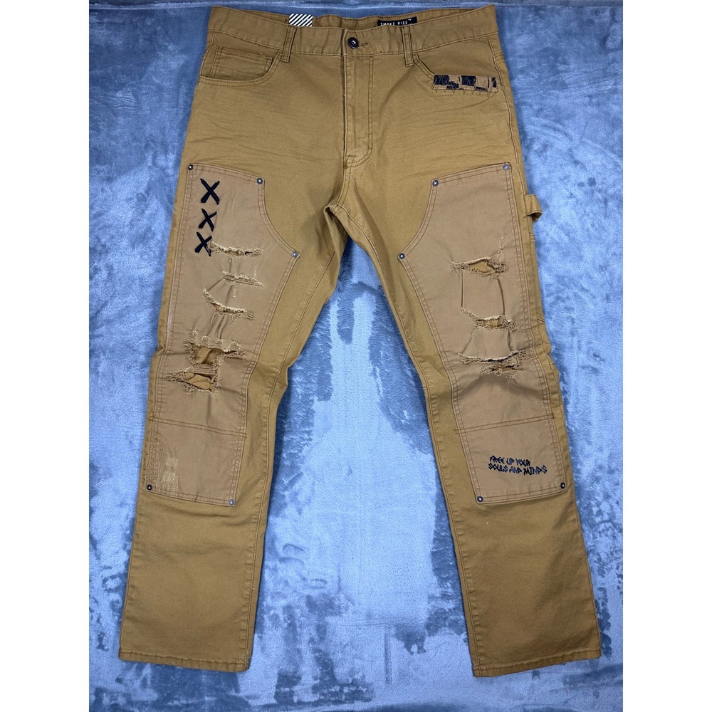 Smoke Rise Mens Distressed Carpenter Pants Tobacco Brown Relaxed Fit 38x34 NEW